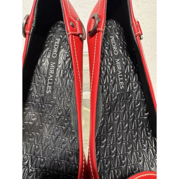 Red Leather Buckle Pumps Pedro Miralles Spain Size 9 Pointed Toe Designer - Picture 6 of 7